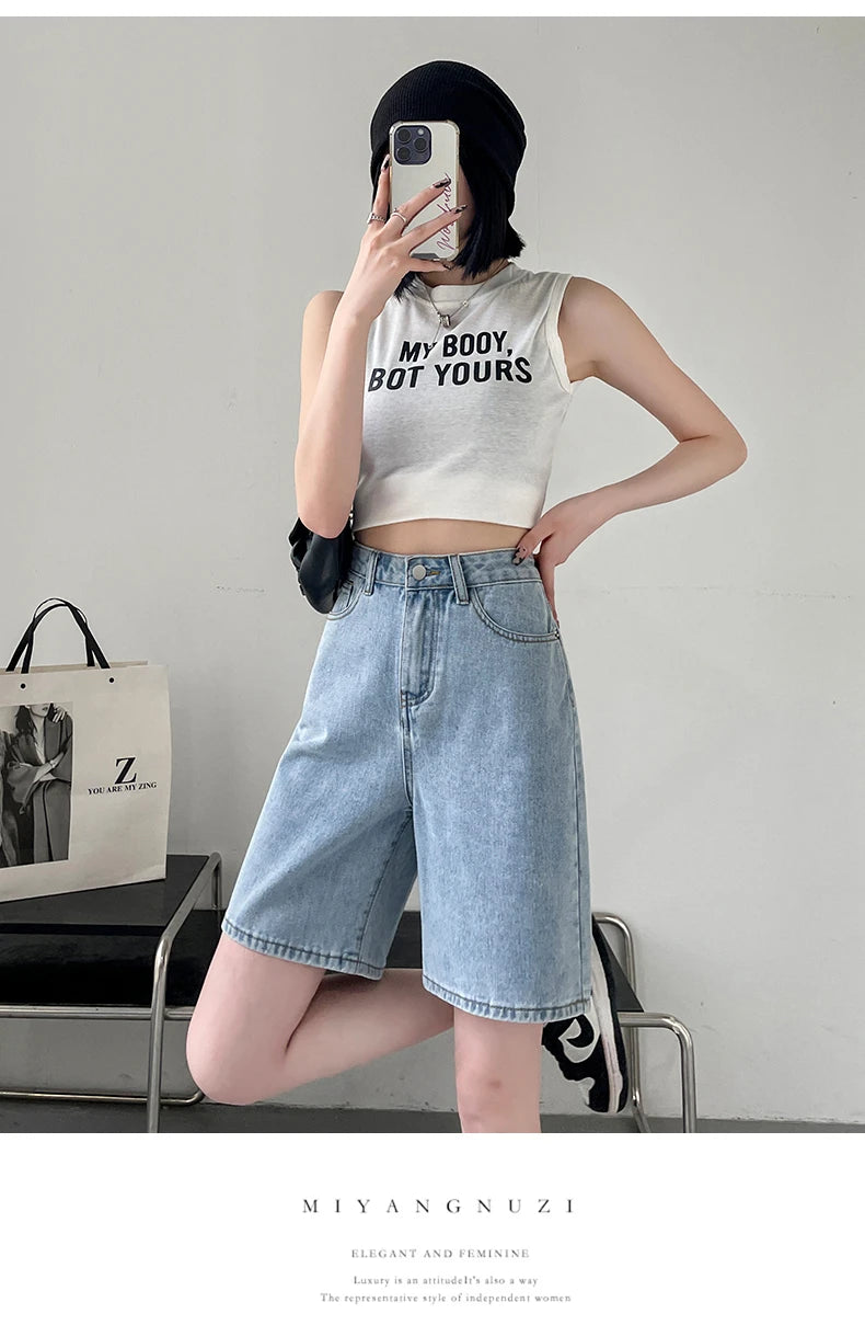 2024 Summer New Women Shorts Jeans Baggy Straight Vintage Streetwear Jeans Shorts Women Clothing Blue Black  Y2K