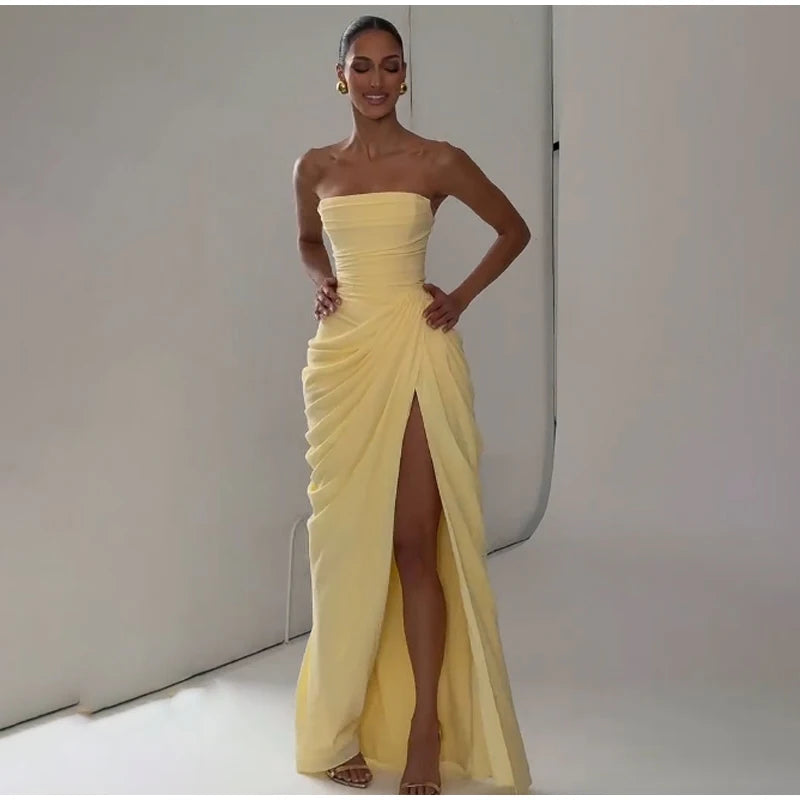 Butter Yellow Mesh Splicing Long Dress Elegant Strapless Split Backless Pleated Gowns For Women 2026 Lady Evening Party Gowns