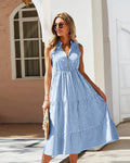 Striped Shirt Dress Women Sleeveless V-Neck Long Dresses Summer Casual Buttons A-Line Beach Holiday Dresses Female Clothing