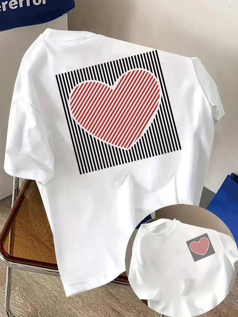 Reading By The Sea, Romantic Love Print Tshirt Double-sided Short Sleeve Crew Neck Casual Top for Summer Spring,Women'S Clothing