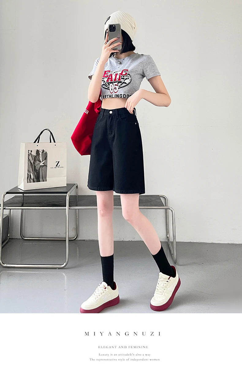 2024 Summer New Women Shorts Jeans Baggy Straight Vintage Streetwear Jeans Shorts Women Clothing Blue Black  Y2K