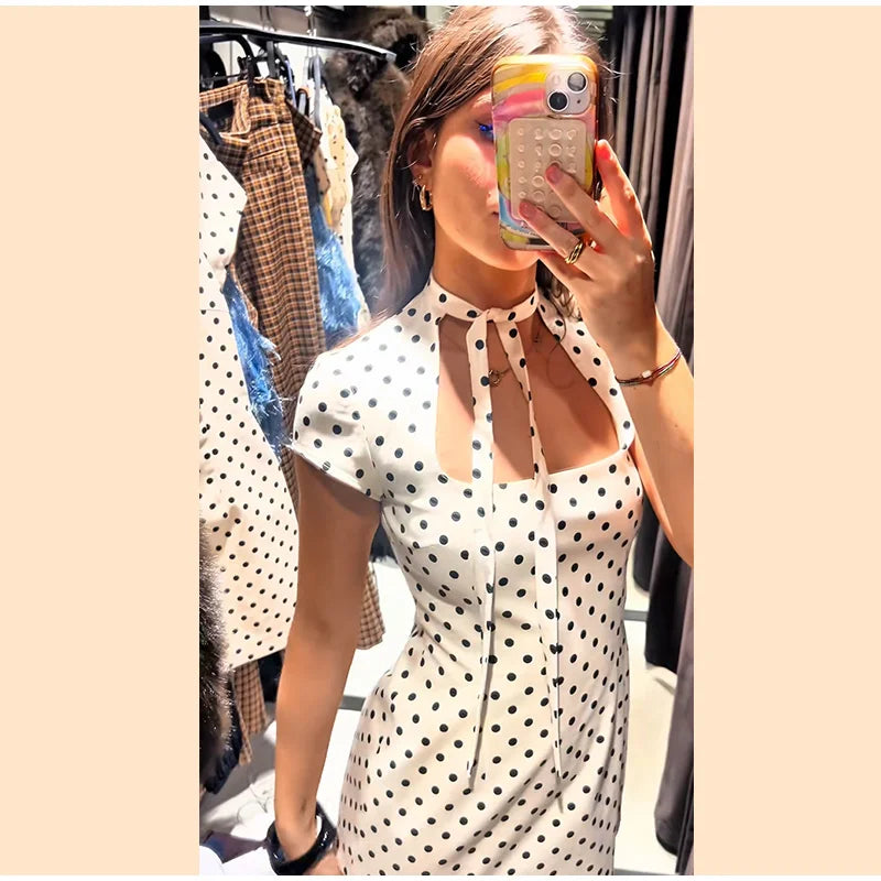 Fashion Polka Dot Mini Dress For Women Elegant Bow Tie Neck Short Sleeve Waist Slim Dress Lady 2026 Spring Summer Chic Vestidos
