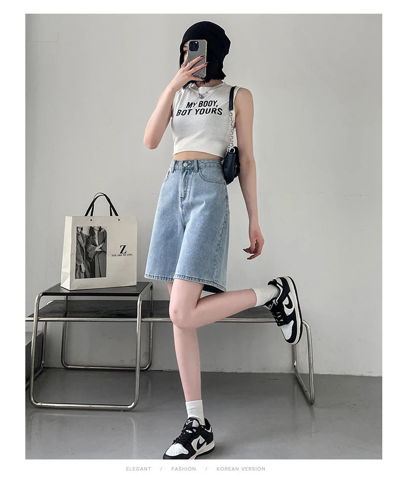2024 Summer New Women Shorts Jeans Baggy Straight Vintage Streetwear Jeans Shorts Women Clothing Blue Black  Y2K