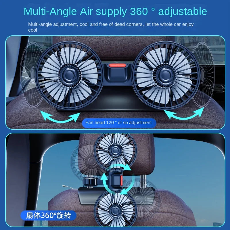 Car mounted rear electric fan with USB interface for car use, 12V 24V, large truck interior, rear seats, silent and powerful