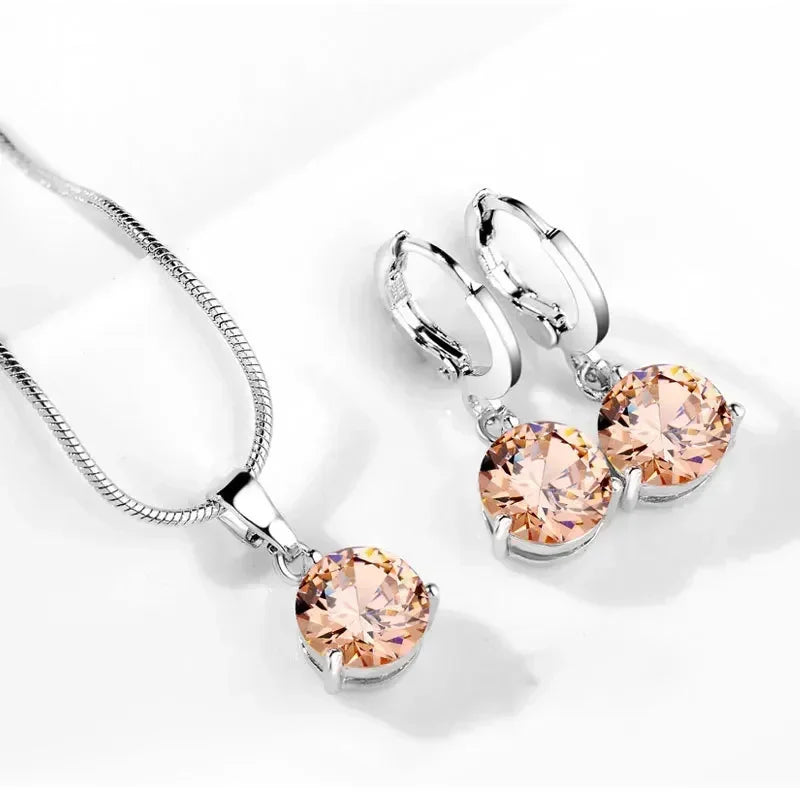 Classic Wedding Jewelry Set For Women Multicolor Zircon Silver Color Earrings Necklace Fashion Gift Jewellery