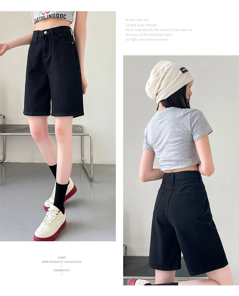2024 Summer New Women Shorts Jeans Baggy Straight Vintage Streetwear Jeans Shorts Women Clothing Blue Black  Y2K