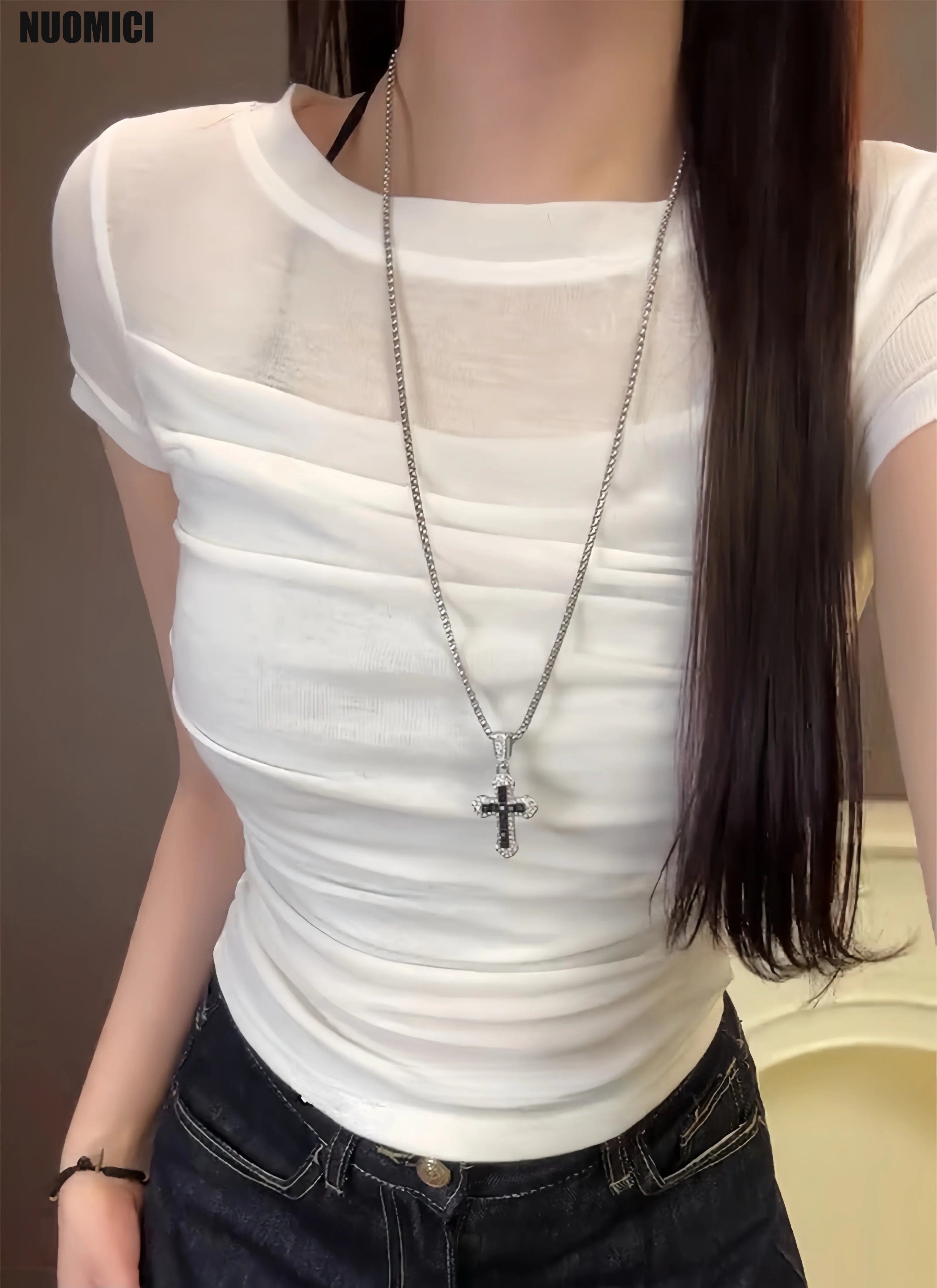 NUOMICI 2025 Summer Short-sleeved T-shirt Women White Mesh Splicing Pleated Design Slim Fit Casual Women's Tops Clothing Popular