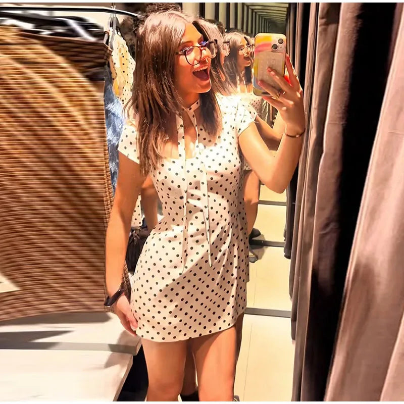 Fashion Polka Dot Mini Dress For Women Elegant Bow Tie Neck Short Sleeve Waist Slim Dress Lady 2026 Spring Summer Chic Vestidos