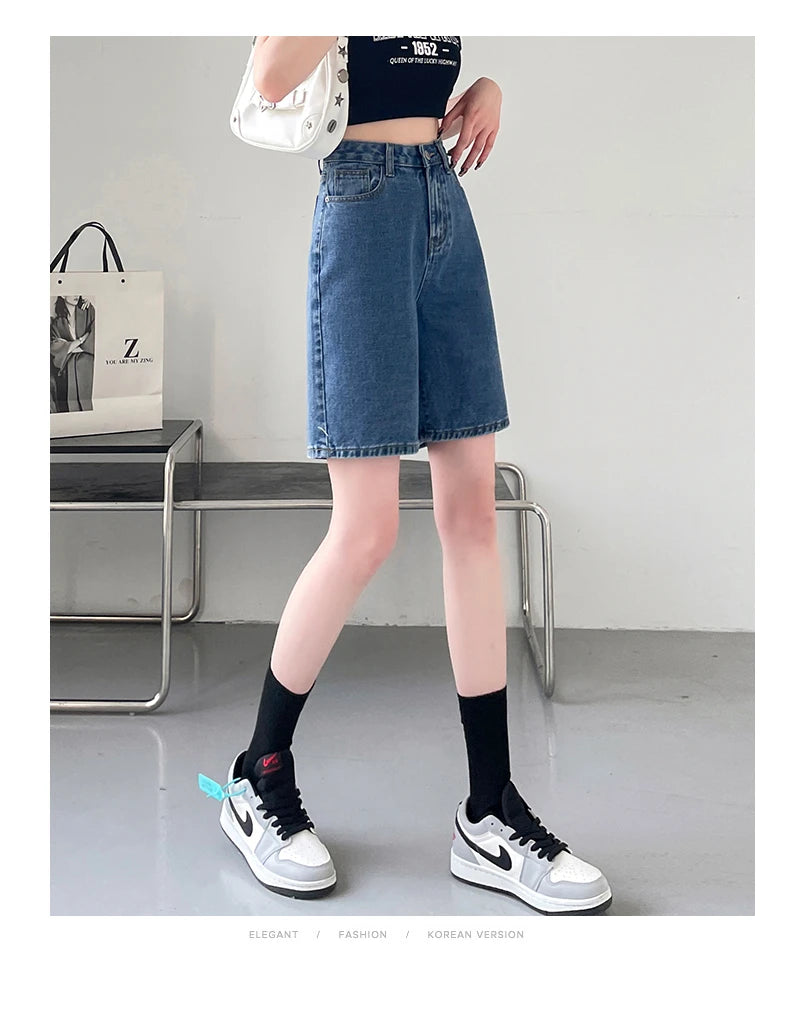 2024 Summer New Women Shorts Jeans Baggy Straight Vintage Streetwear Jeans Shorts Women Clothing Blue Black  Y2K