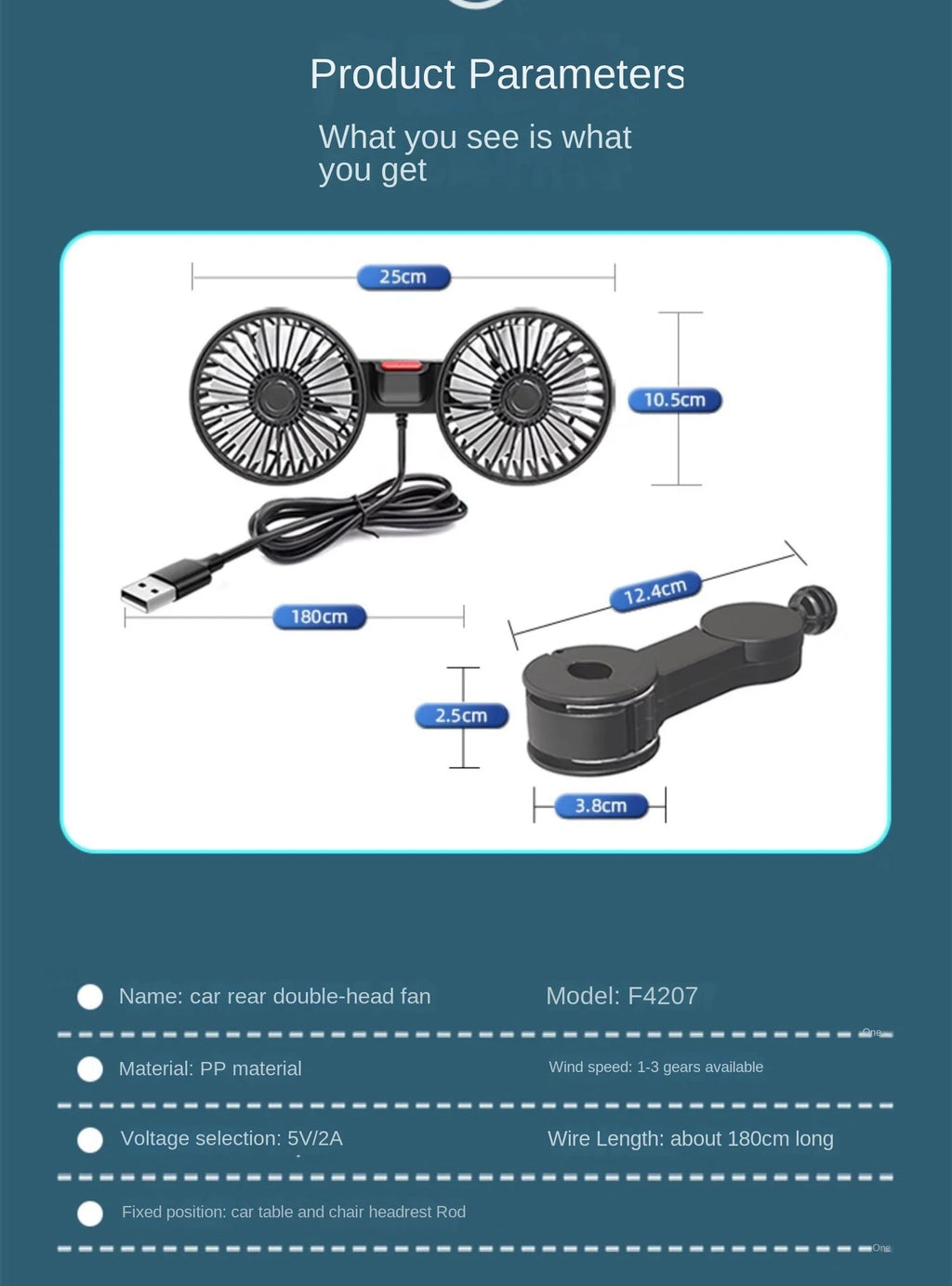 Car mounted rear electric fan with USB interface for car use, 12V 24V, large truck interior, rear seats, silent and powerful