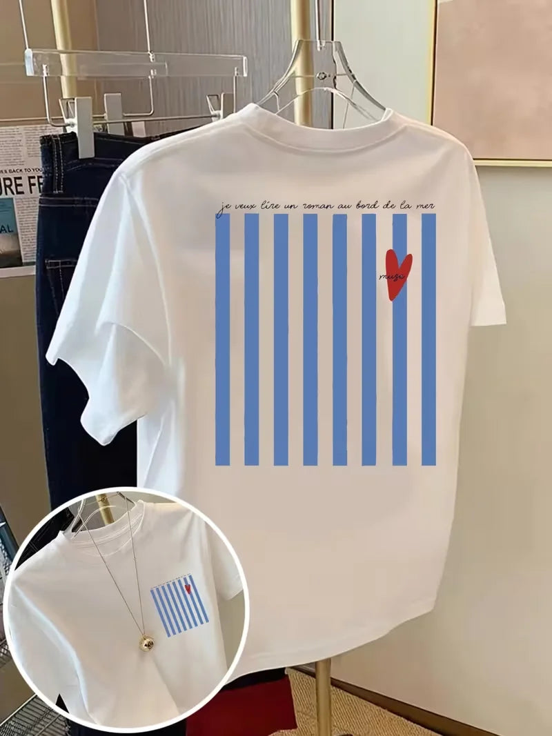 Reading By The Sea, Romantic Love Print Tshirt Double-sided Short Sleeve Crew Neck Casual Top for Summer Spring,Women'S Clothing