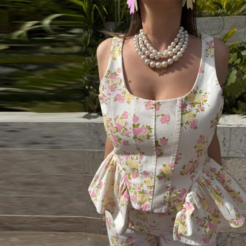 Women's Sweet Cute Floral Printed Vest Pants 2026 New Summer U Collar Sleeveless Ruffle Hem Tops Wide Leg Trousers 2 Piece Sets