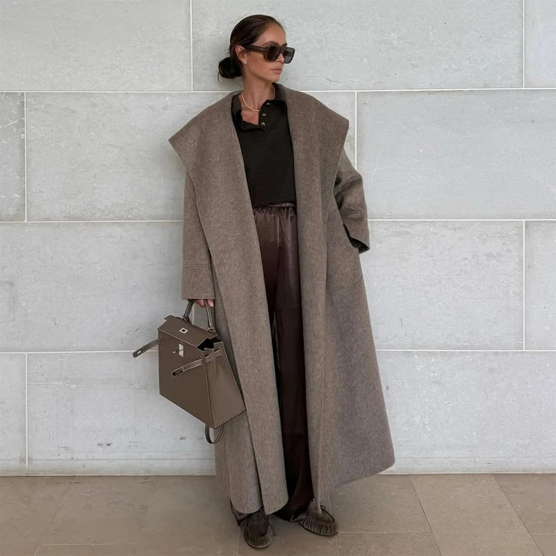 Navy Collar Lace Up Woolen Long Coat Women Elegant V-neck Full Sleeves Pockets Loose Overcoat 2026 Spring Lady Daily Street Wear