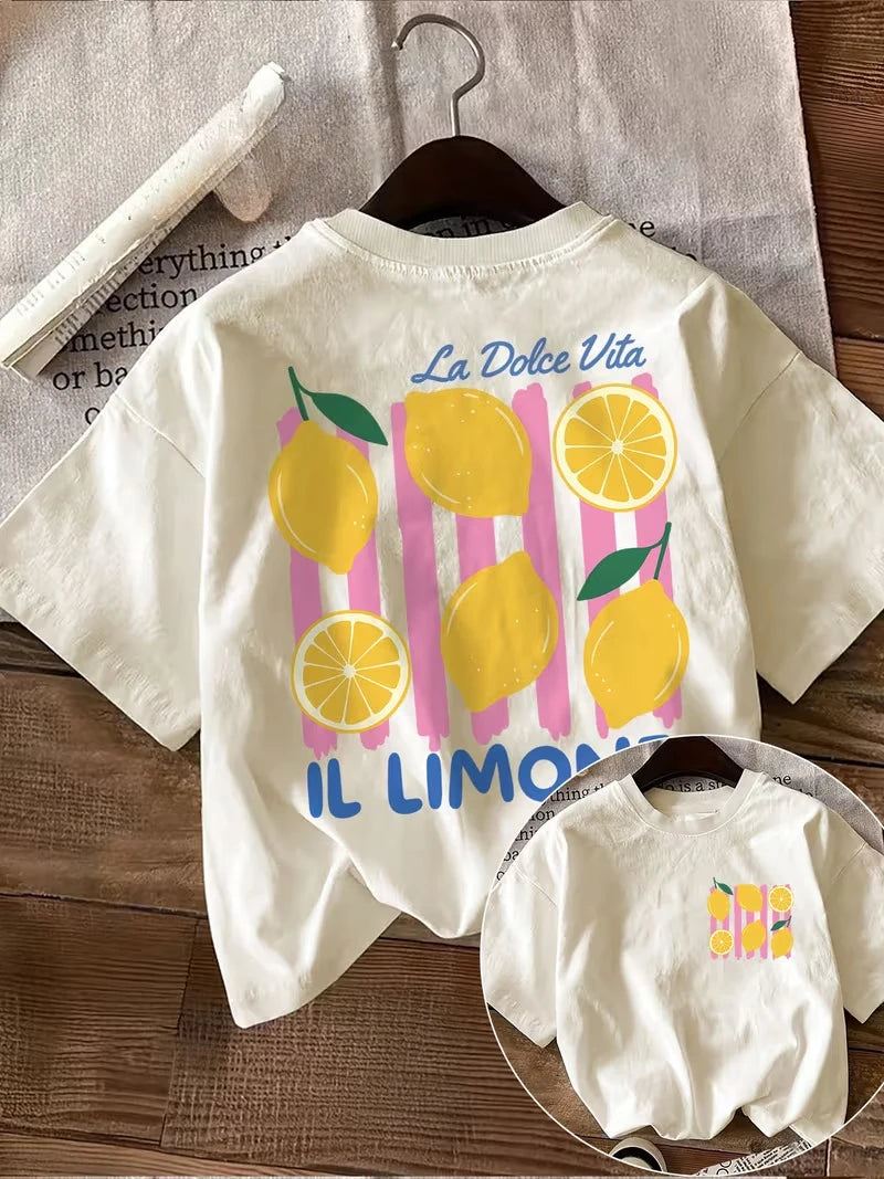 Lady's T-shirt,Bright lemon Graphic Print T-shirt, Short Sleeve Crew Neck Casual Top for Summer & Spring, Women's Clothing