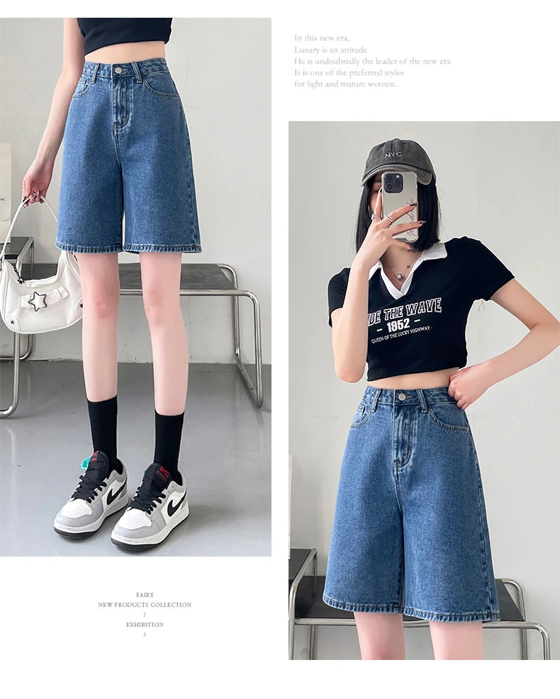2024 Summer New Women Shorts Jeans Baggy Straight Vintage Streetwear Jeans Shorts Women Clothing Blue Black  Y2K