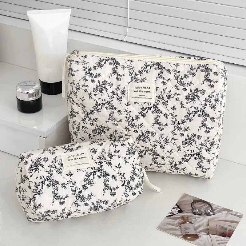 4pcs Retro Black White Floral Cosmetic Bag Large Capacity Portable Travel Toiletry Storage Bag
