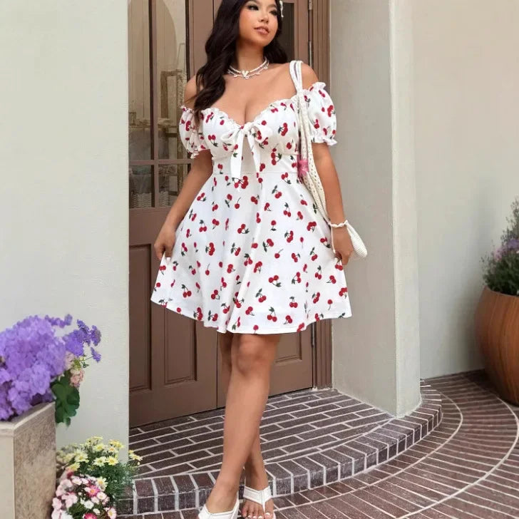 Plus Size Sweet Fitted Midi Dress with Bubble Sleeves And Large Skirt Hem Floral Print Country Style Women's plus Size Dress
