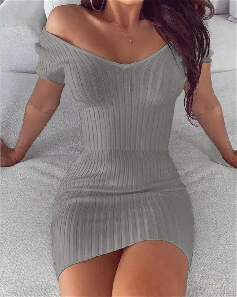 Women Summer Dress 2025 New Sexy Elegant Solid V-neck form-fitting Vertical Striped long-sleeved Dress Vestidoes Cheap Clothing