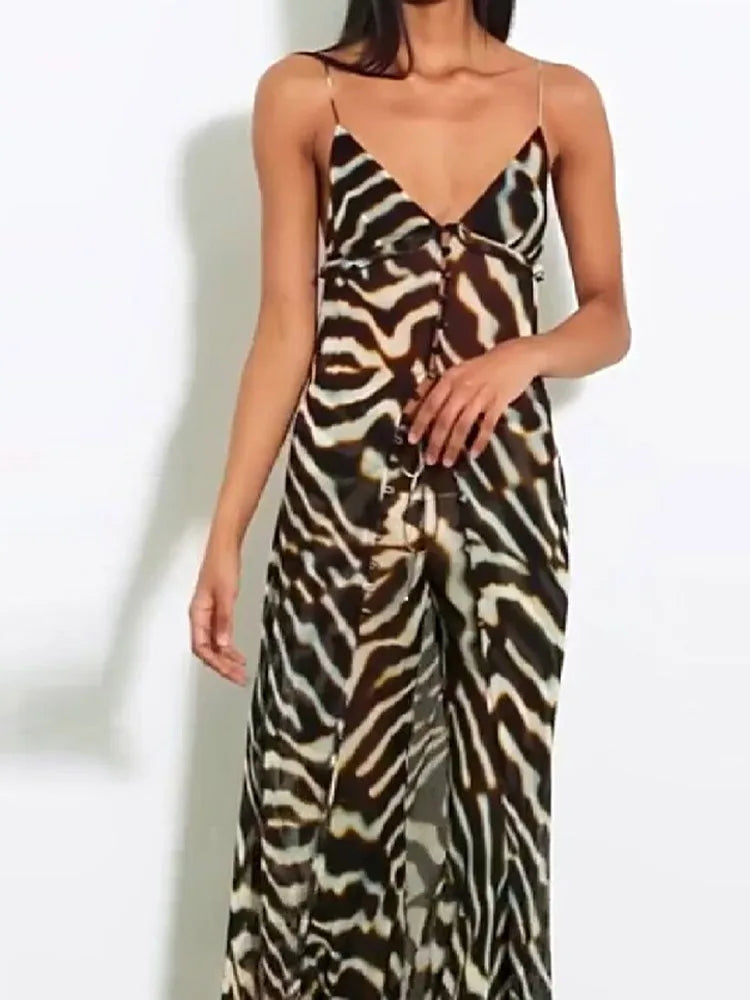 Casual Zebra Print Spaghetti Strap Maxi Top Versatile Long Leg Jeans Women Sheer Button Down Split Hem Daily Date Street Wear
