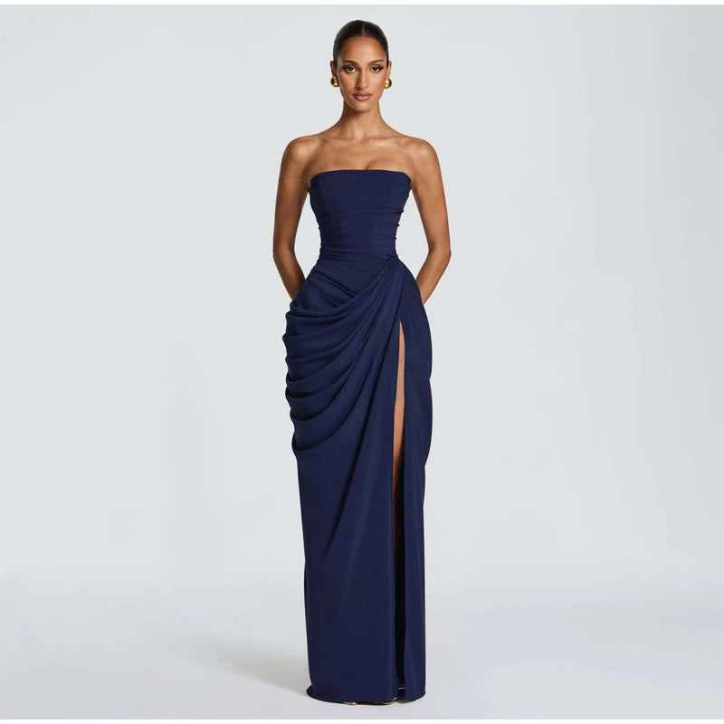 Butter Yellow Mesh Splicing Long Dress Elegant Strapless Split Backless Pleated Gowns For Women 2026 Lady Evening Party Gowns