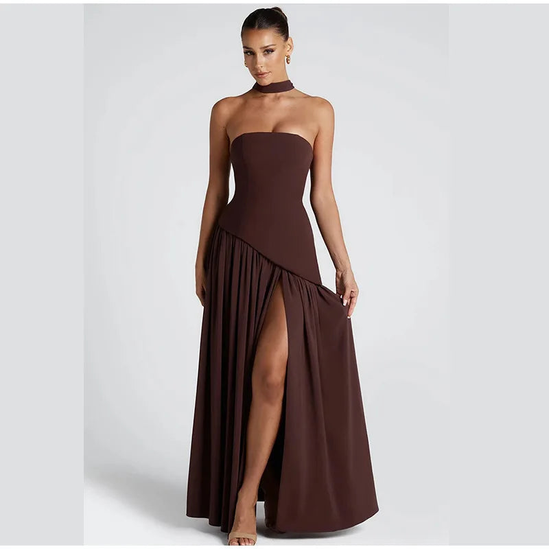 Butter Yellow Mesh Splicing Long Dress Elegant Strapless Split Backless Pleated Gowns For Women 2026 Lady Evening Party Gowns