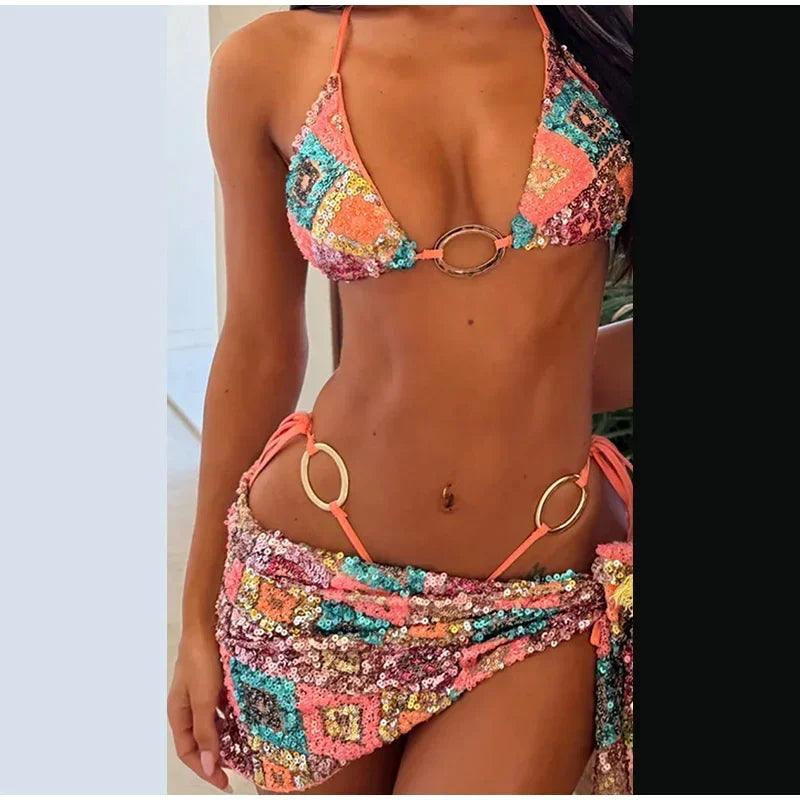 Sexy Sequin Bikini Skirt Sets Women Fashion Holiday Lace Up Top Ribbon Mini Skirts Female 2025 Summer Beach Lace Up Suits Lady