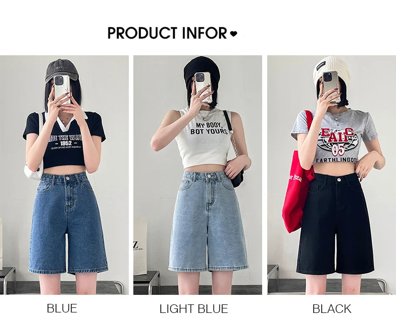 2024 Summer New Women Shorts Jeans Baggy Straight Vintage Streetwear Jeans Shorts Women Clothing Blue Black  Y2K