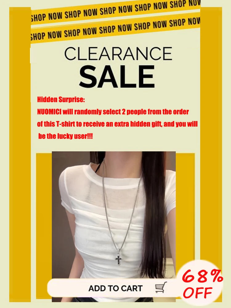 NUOMICI 2025 Summer Short-sleeved T-shirt Women White Mesh Splicing Pleated Design Slim Fit Casual Women's Tops Clothing Popular