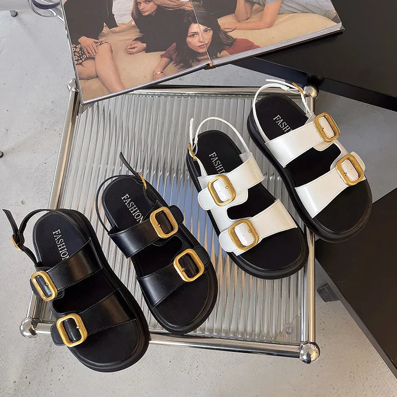 Gladiator Platform Sandals, 2025 Summer Metal Buckle Flat Sandals