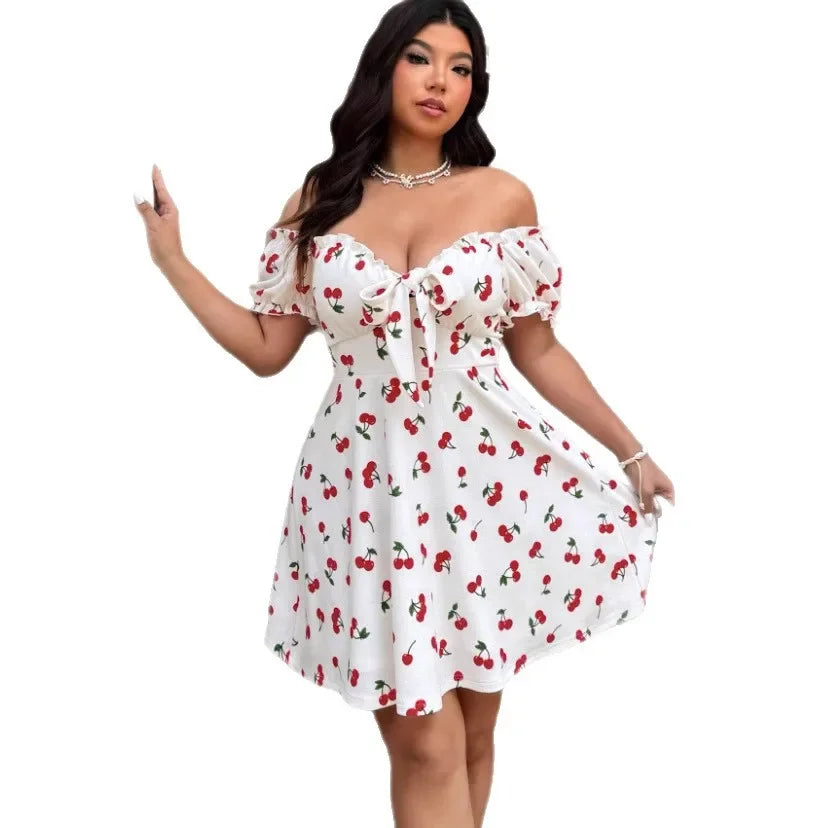 Plus Size Sweet Fitted Midi Dress with Bubble Sleeves And Large Skirt Hem Floral Print Country Style Women's plus Size Dress