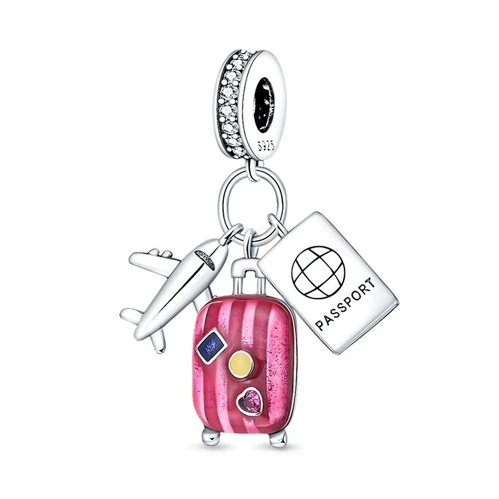 2025 Hot Sale Pink zircon aircraft passport cross Charm Beads Fit 925 Sterling Silver Original women Bracelet DIY Jewelry Gift