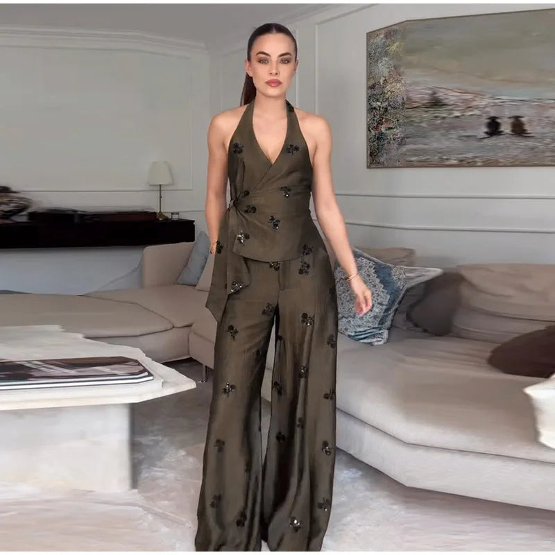 Sequins Women's Pant Sets Sexy Halter Neck Wrap Top Wide Leg Pants Two Piece Set Female 2026 Summer Woman New Vacation Outfit