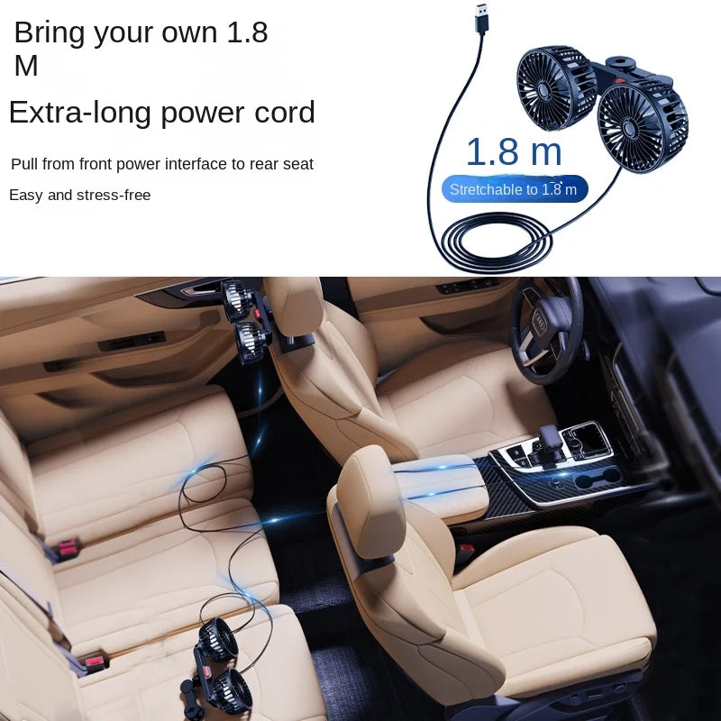 Car mounted rear electric fan with USB interface for car use, 12V 24V, large truck interior, rear seats, silent and powerful
