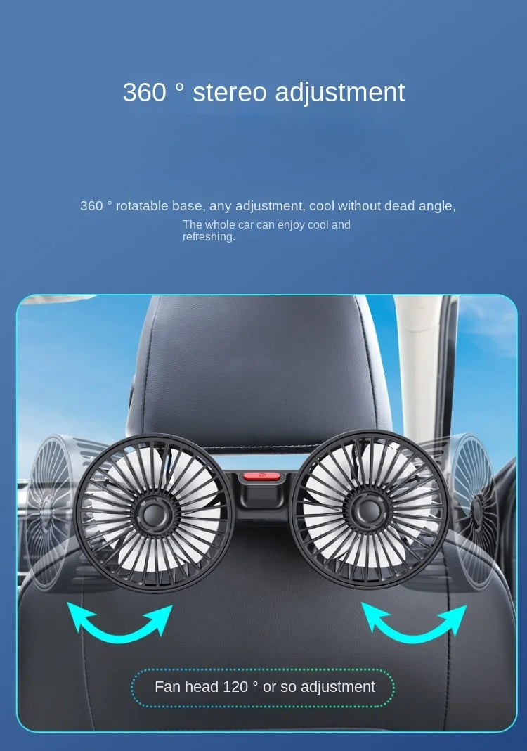 Car mounted rear electric fan with USB interface for car use, 12V 24V, large truck interior, rear seats, silent and powerful