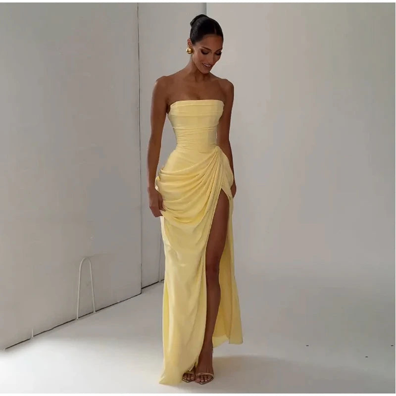 Butter Yellow Mesh Splicing Long Dress Elegant Strapless Split Backless Pleated Gowns For Women 2026 Lady Evening Party Gowns