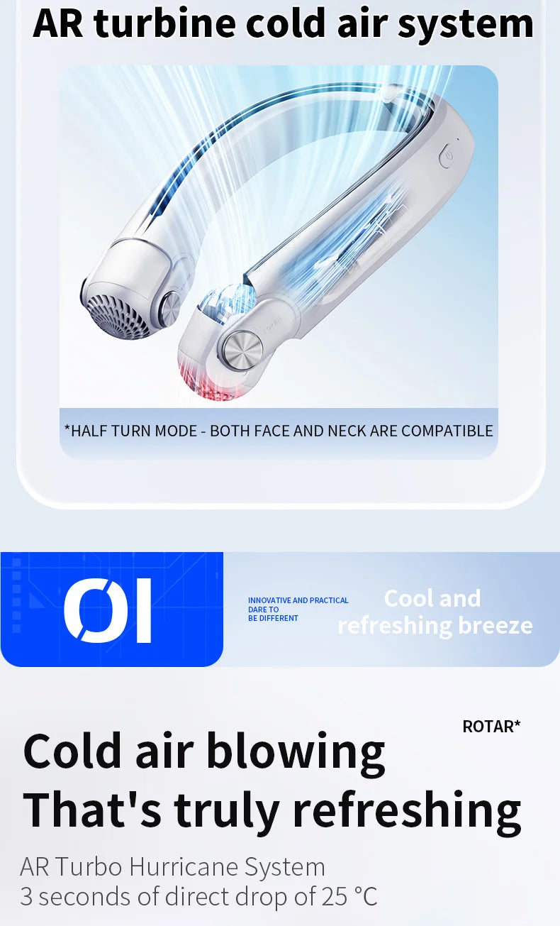 USB Rechargeable Rotor Neck Hanging Portable Fan Adjustable Bladeless Turbo Cooling for Dorm Home Outdoor Use
