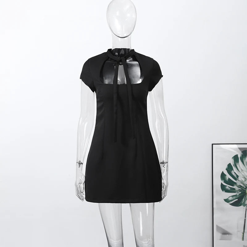 Fashion Polka Dot Mini Dress For Women Elegant Bow Tie Neck Short Sleeve Waist Slim Dress Lady 2026 Spring Summer Chic Vestidos