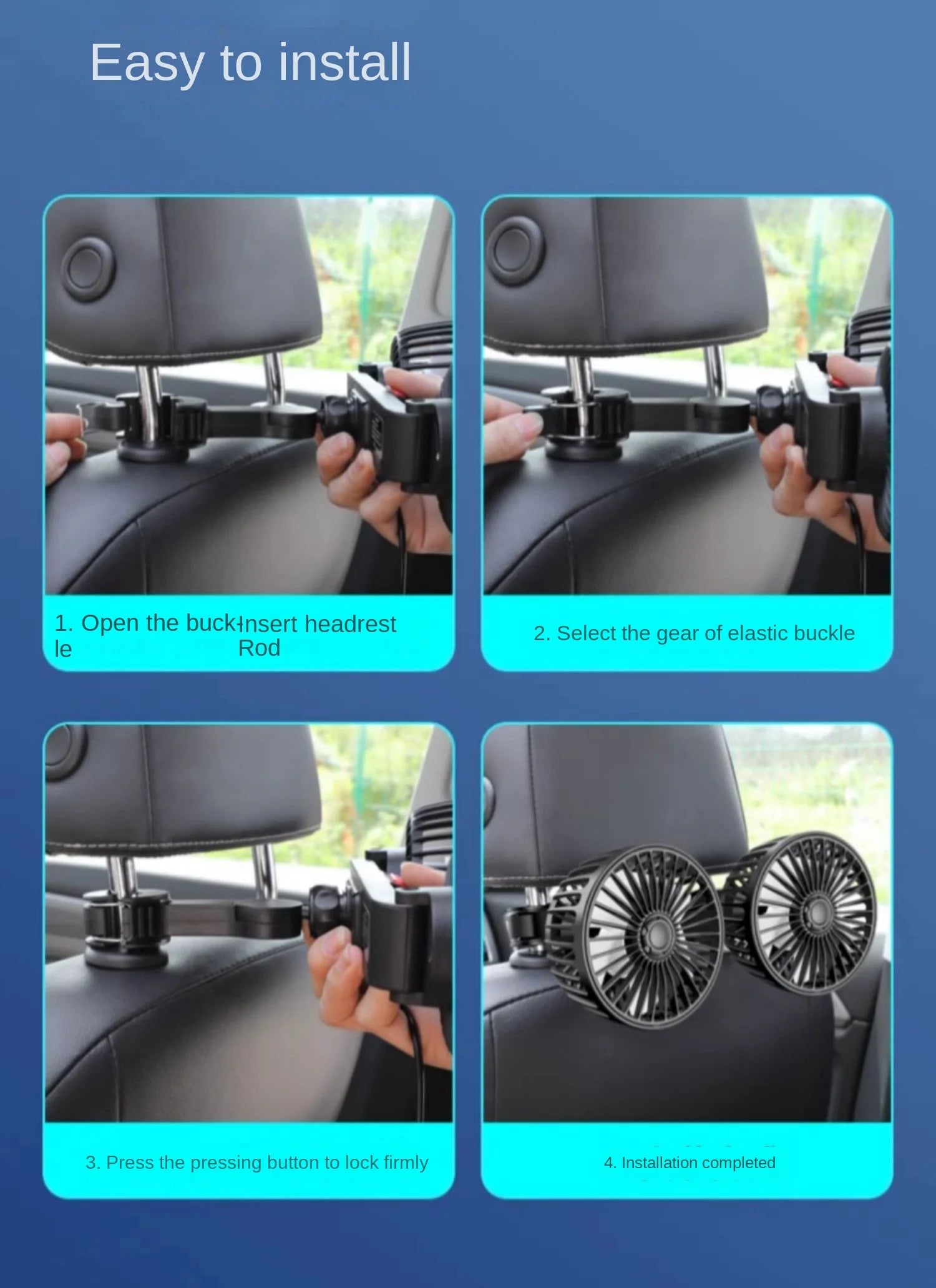 Car mounted rear electric fan with USB interface for car use, 12V 24V, large truck interior, rear seats, silent and powerful