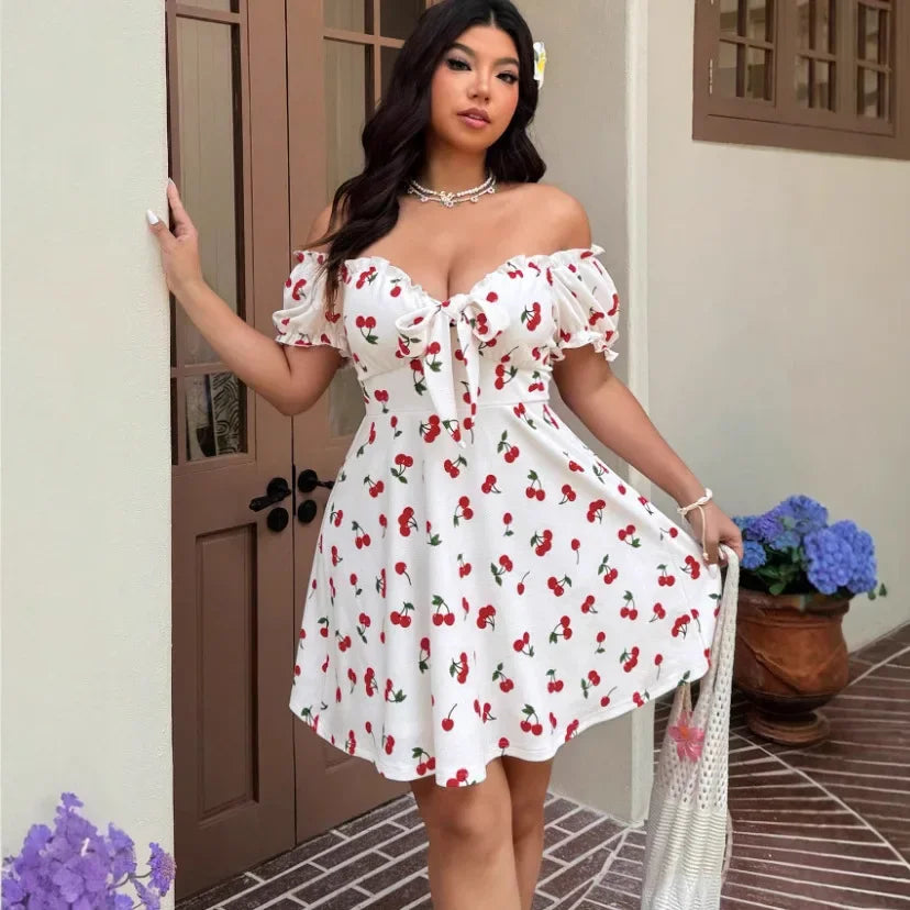 Plus Size Sweet Fitted Midi Dress with Bubble Sleeves And Large Skirt Hem Floral Print Country Style Women's plus Size Dress