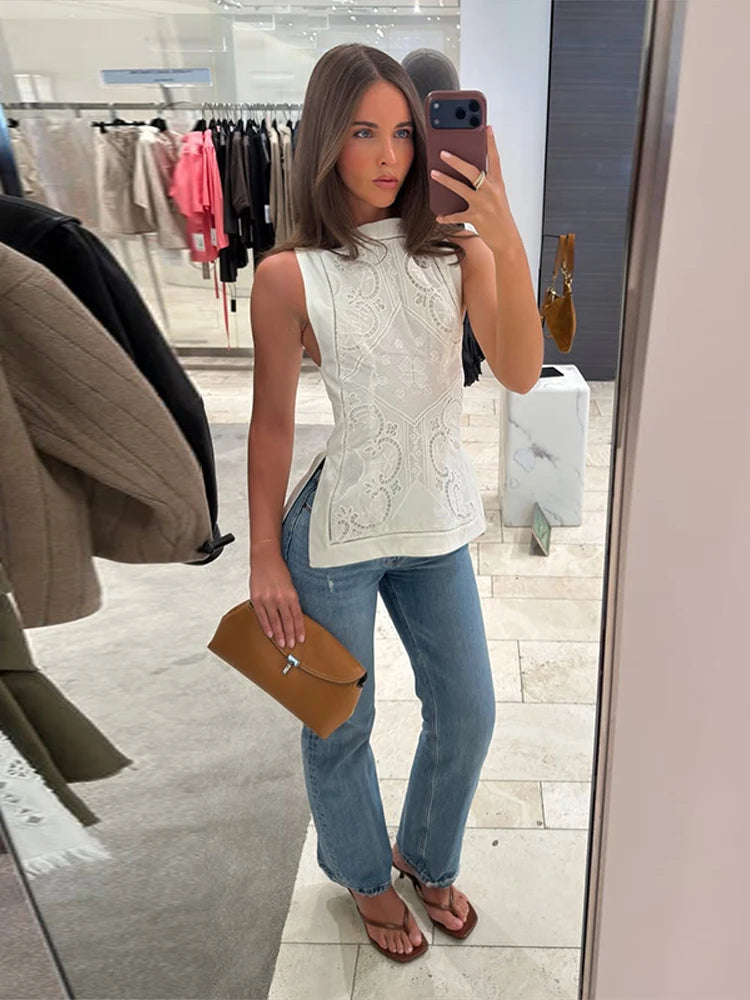 Women's Embroidery Vest Top Vintage Hollow Out Crew Neck Sleeveless Side Split Tank Summer Party Club Daily Matching Streetwear