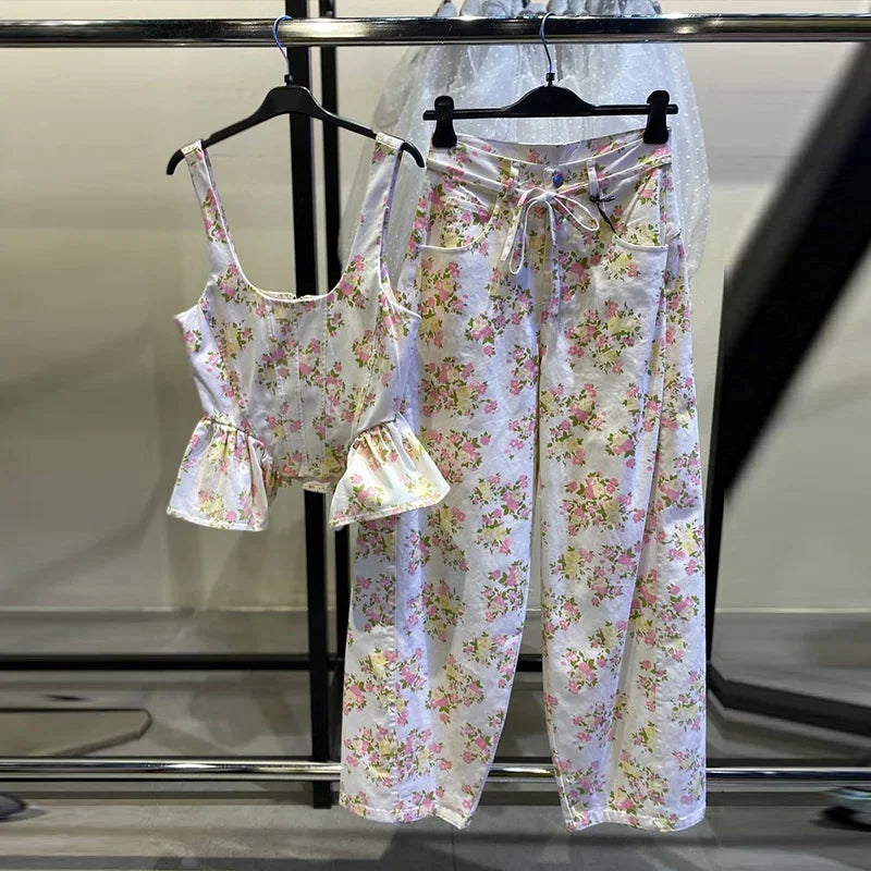 Women's Sweet Cute Floral Printed Vest Pants 2026 New Summer U Collar Sleeveless Ruffle Hem Tops Wide Leg Trousers 2 Piece Sets
