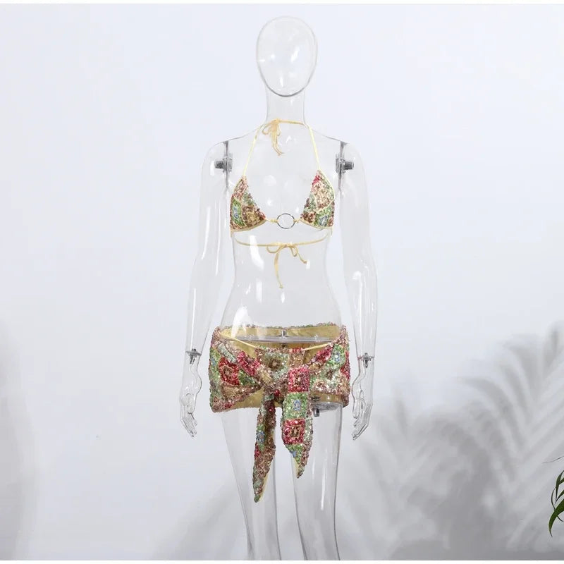 Sexy Sequin Bikini Skirt Sets Women Fashion Holiday Lace Up Top Ribbon Mini Skirts Female 2025 Summer Beach Lace Up Suits Lady