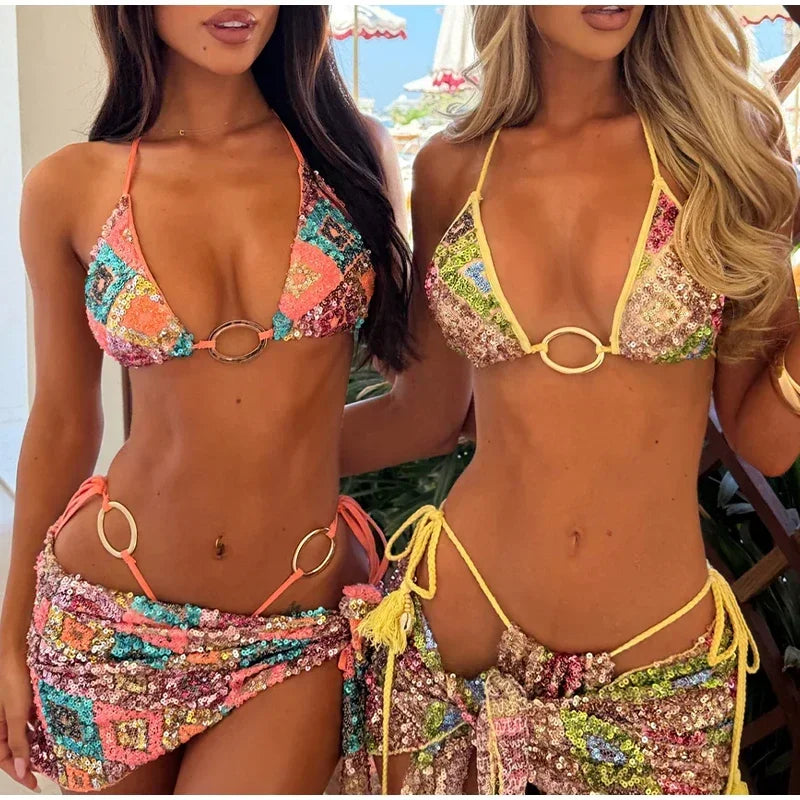 Sexy Sequin Bikini Skirt Sets Women Fashion Holiday Lace Up Top Ribbon Mini Skirts Female 2025 Summer Beach Lace Up Suits Lady