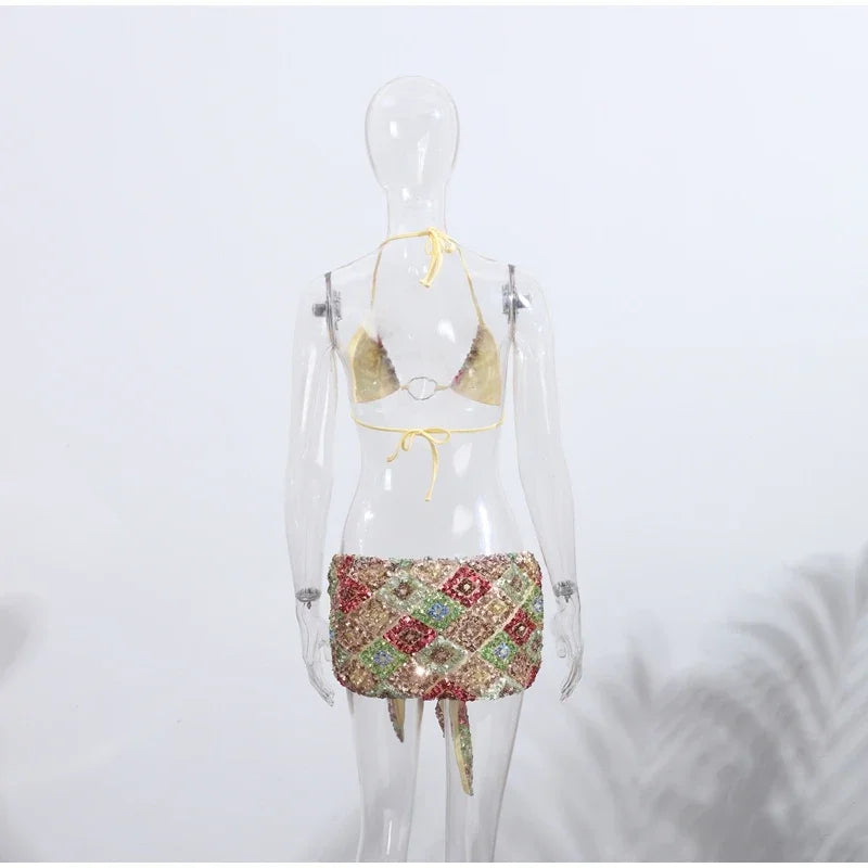 Sexy Sequin Bikini Skirt Sets Women Fashion Holiday Lace Up Top Ribbon Mini Skirts Female 2025 Summer Beach Lace Up Suits Lady