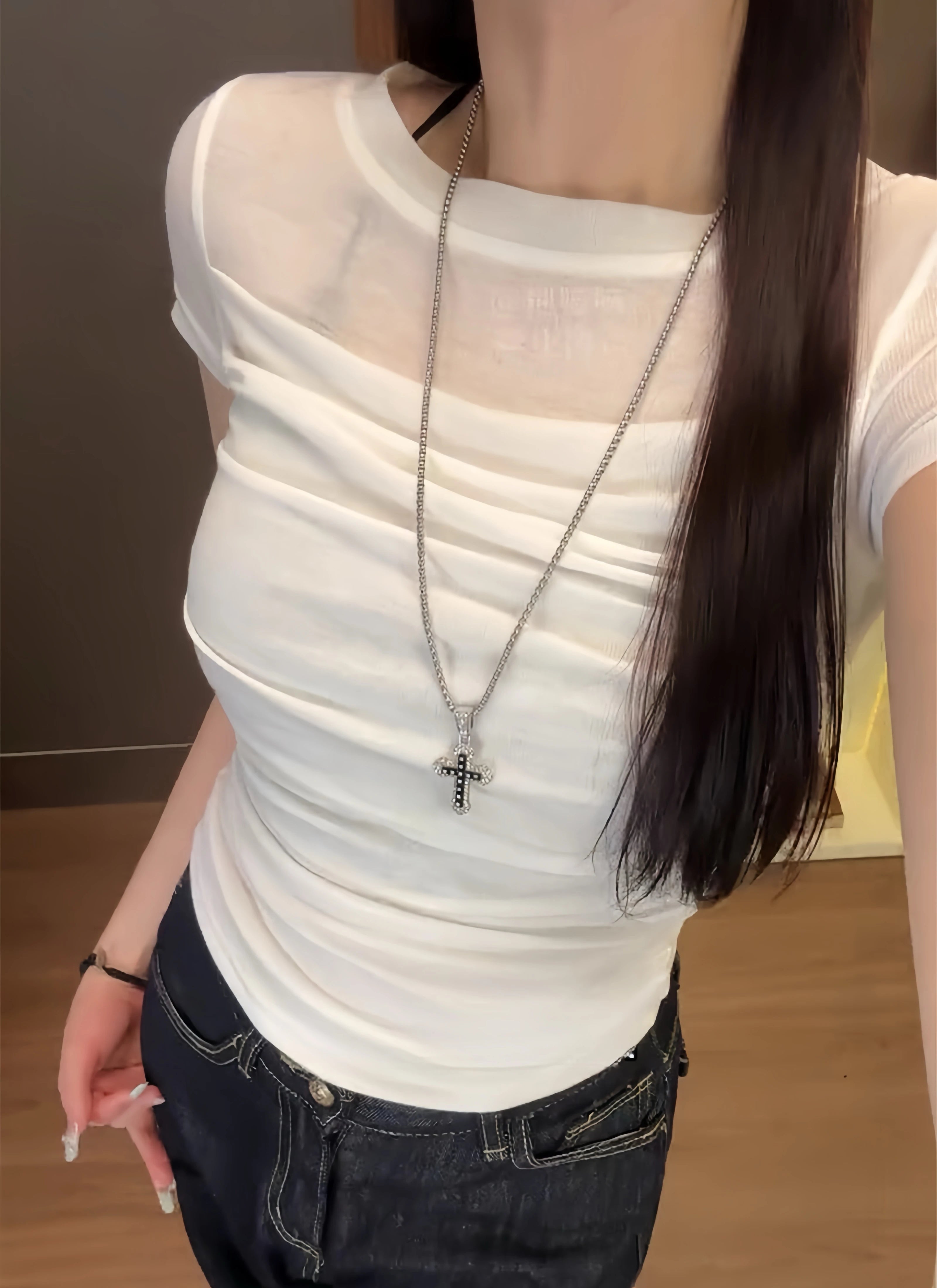 NUOMICI 2025 Summer Short-sleeved T-shirt Women White Mesh Splicing Pleated Design Slim Fit Casual Women's Tops Clothing Popular