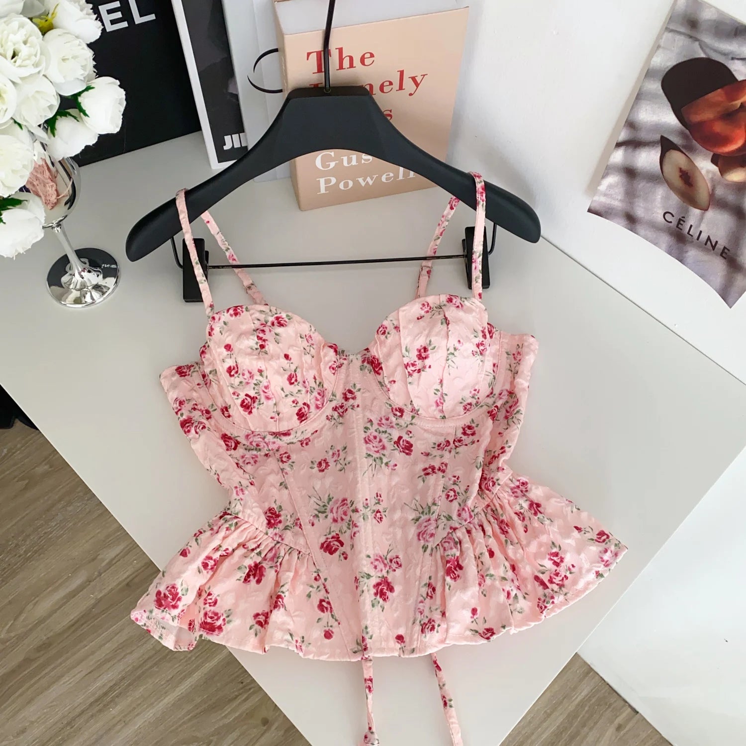 Sexy Slim  Corset ruffle print Chic Korean Camis Tank Top Basic Fashion Off Shoulder Summer Women Clothing