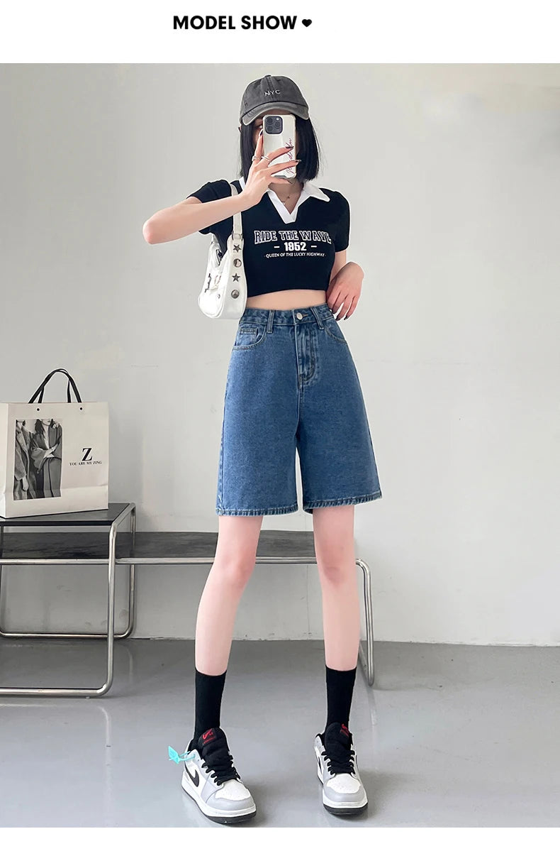 2024 Summer New Women Shorts Jeans Baggy Straight Vintage Streetwear Jeans Shorts Women Clothing Blue Black  Y2K