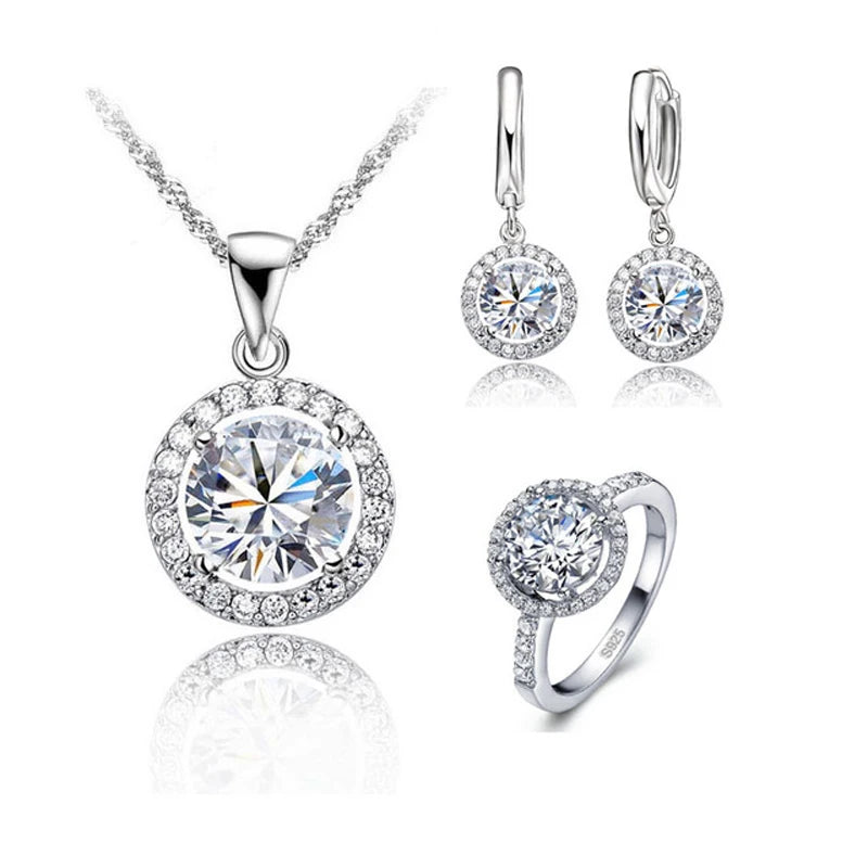 New Fashion Full Jewelry Sets For Women Lady Round Cubic Zircon 925 Sterling Silver Engagement Necklace Earrings Ring