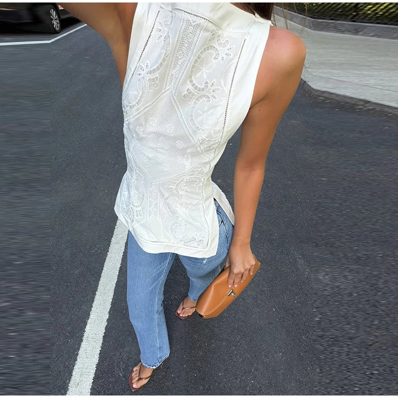 Women's Embroidery Vest Top Vintage Hollow Out Crew Neck Sleeveless Side Split Tank Summer Party Club Daily Matching Streetwear