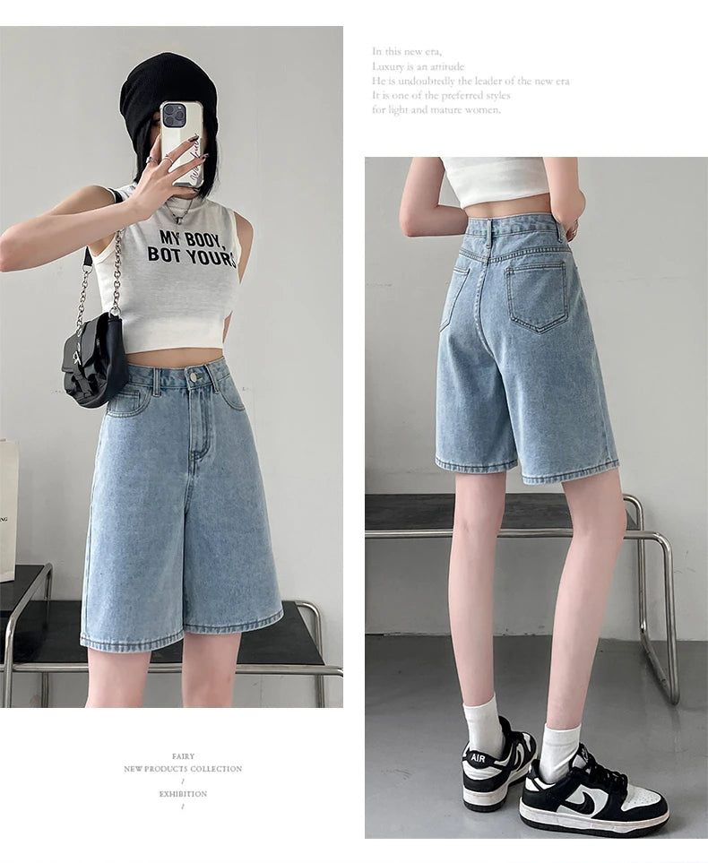 2024 Summer New Women Shorts Jeans Baggy Straight Vintage Streetwear Jeans Shorts Women Clothing Blue Black  Y2K